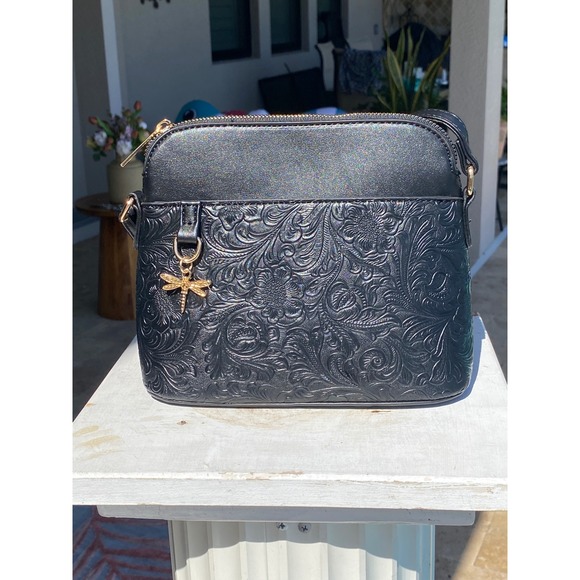 Unbranded Handbags - Black Floral Embossed Crossbody Dome Bag with Gold Dragonfly Charm New